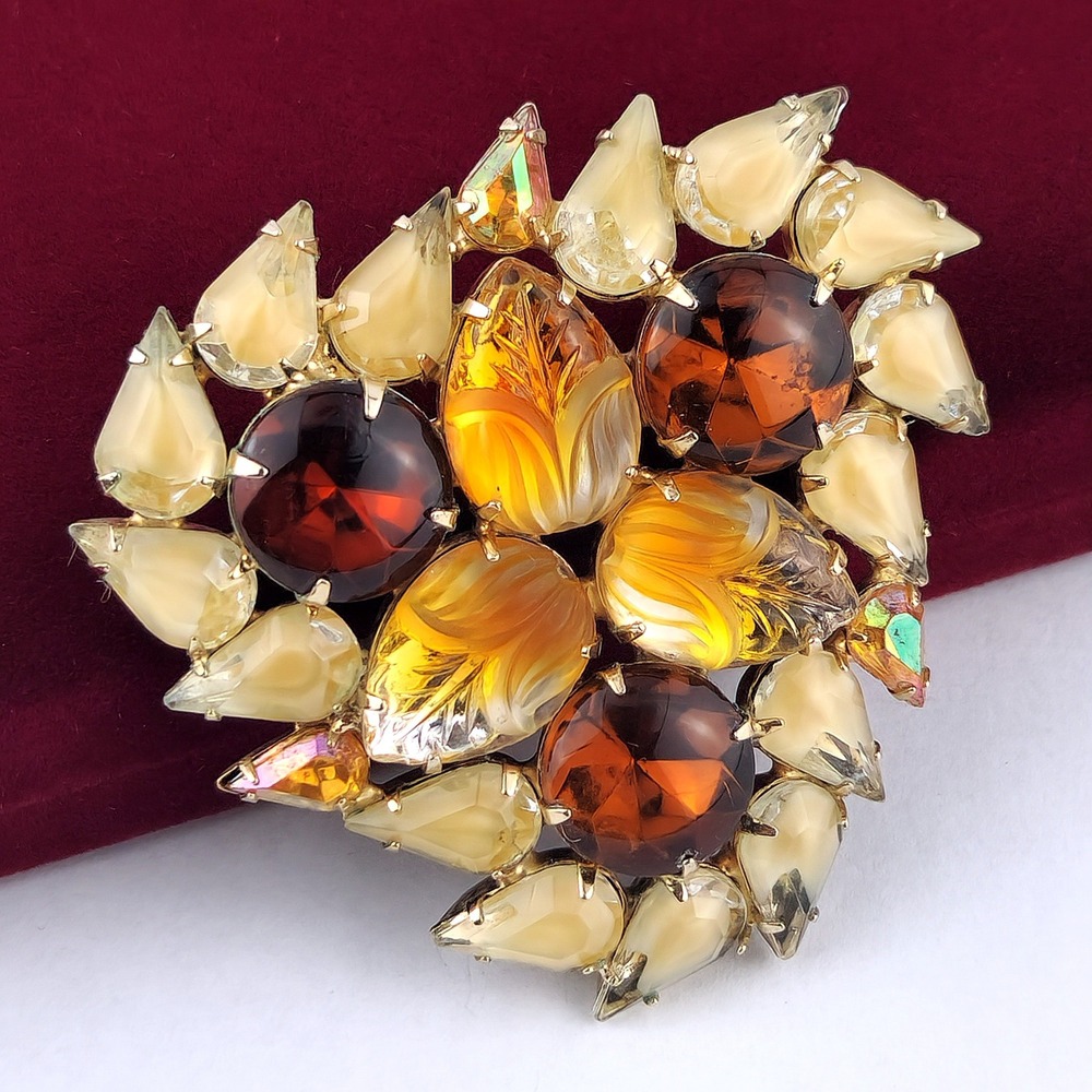 Vintage Amber Gold Tone Carved Glass Leaf Brooch Rhinestone Milk Glass Pin